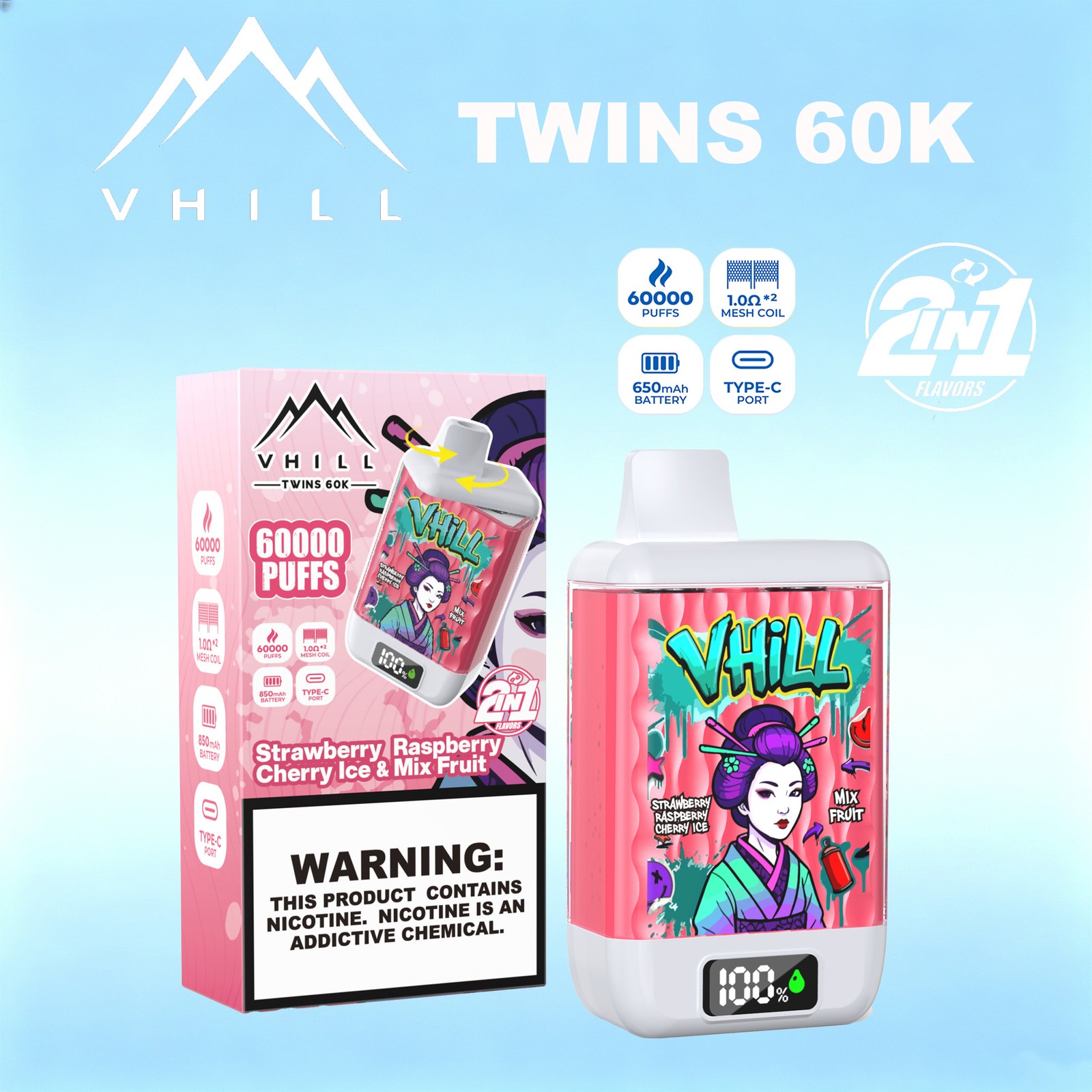 VHILL TWINS 60000 60K Puffs Dual Flavors LED Display Disposable Vape EU Warehouse in Strawberry Raspberry Cherry Ice & Mix Fruit flavor
