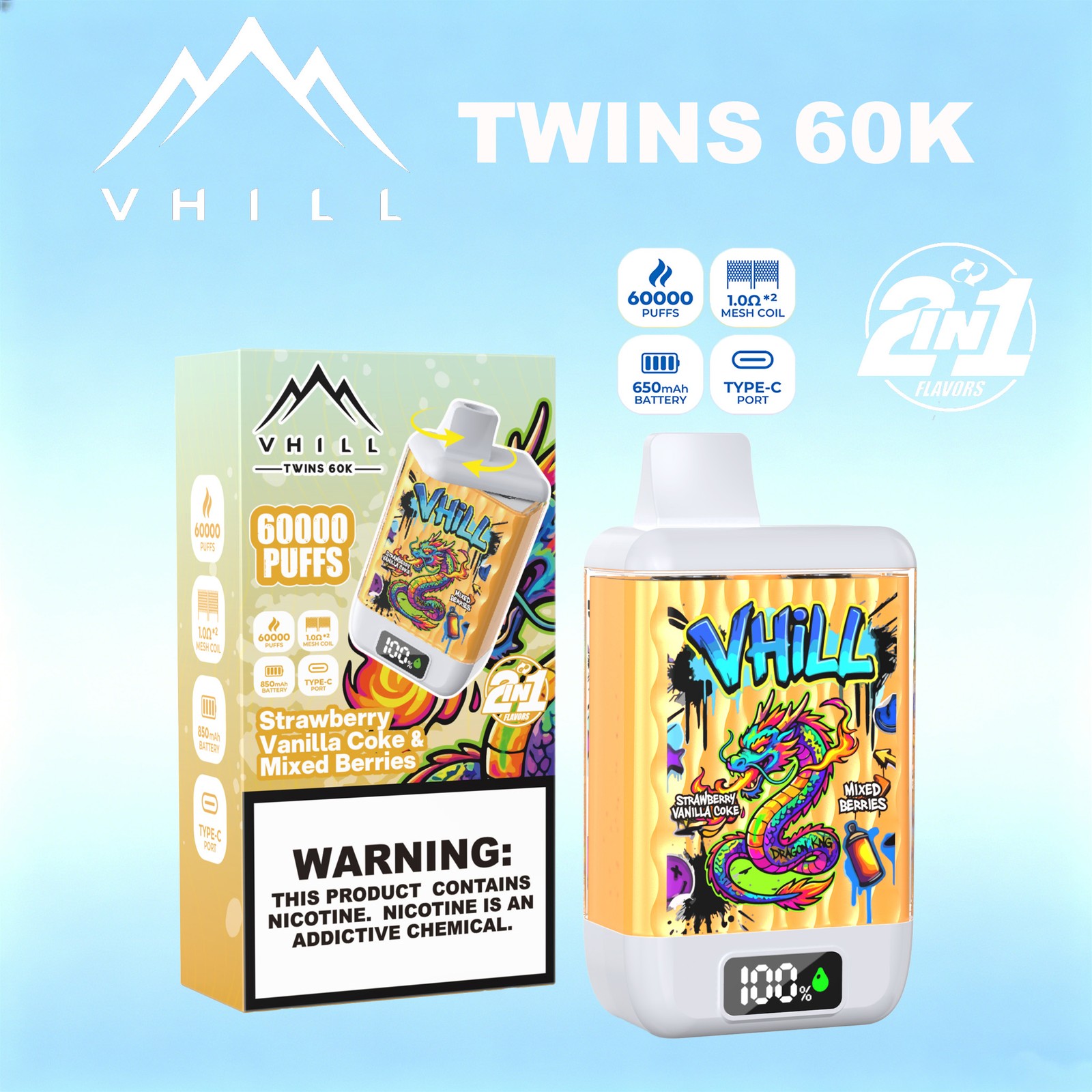 VHILL TWINS 60000 60K Puffs Dual Flavors LED Display Disposable Vape EU Warehouse in Strawberry Vanilla Coke & Mixed Berries flavor