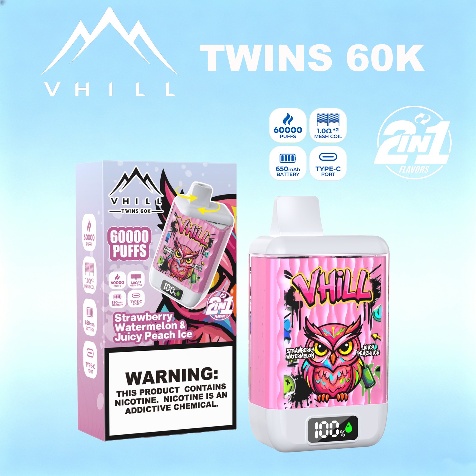 VHILL TWINS 60000 60K Puffs Dual Flavors LED Display Disposable Vape EU Warehouse in Strawberry Watermelon & Juicy Peach Ice flavor