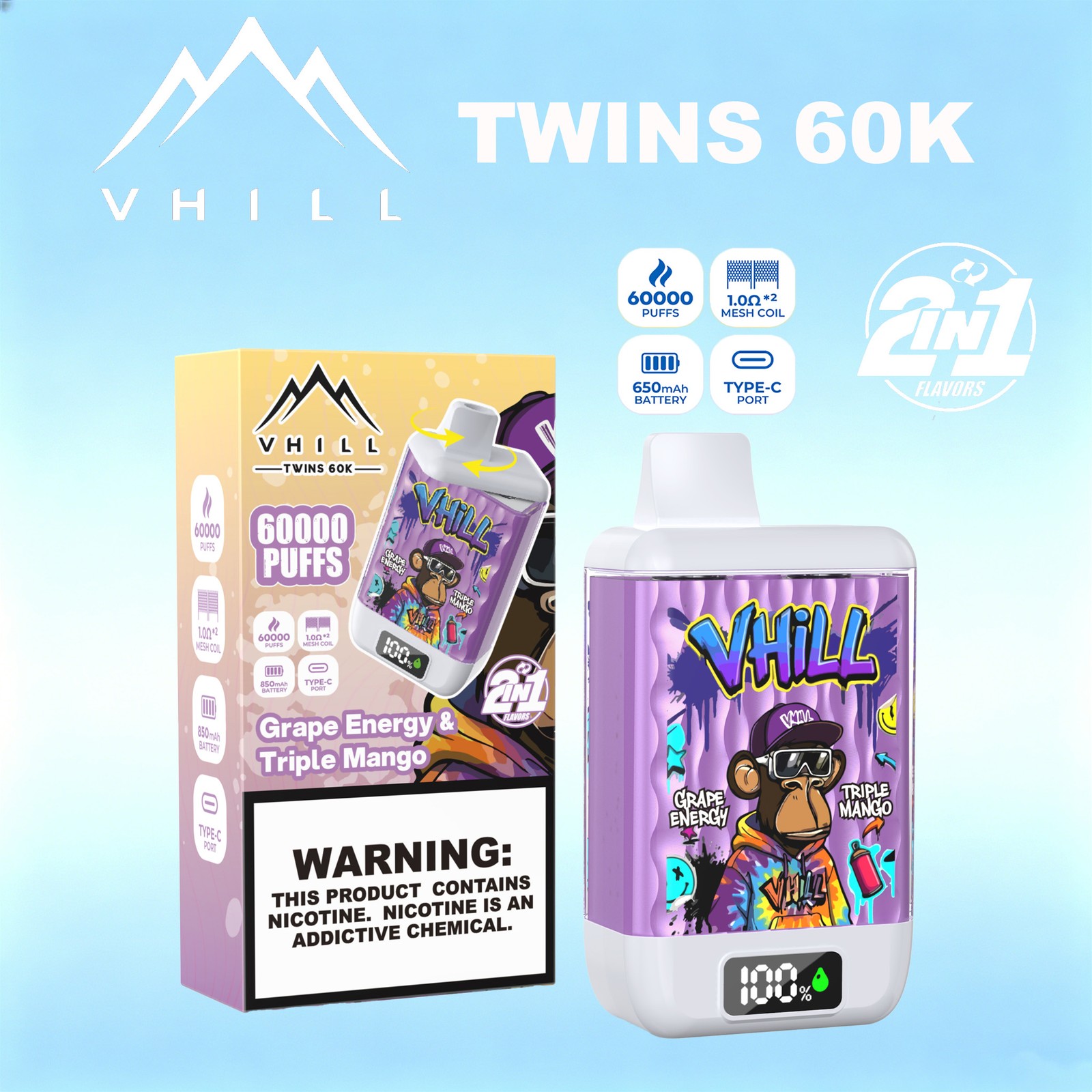 VHILL TWINS 60000 60K Puffs Dual Flavors LED Display Disposable Vape EU Warehouse in Triple Mango & Grape Energy flavor