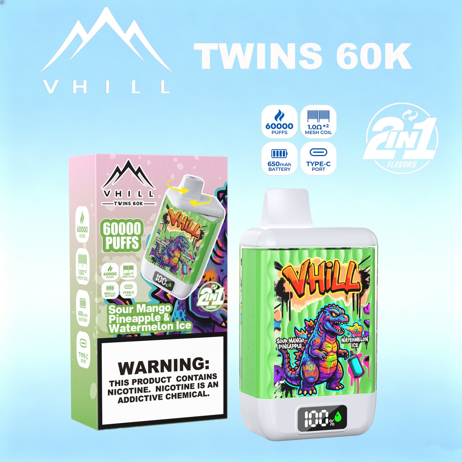 VHILL TWINS 60000 60K Puffs Dual Flavors LED Display Disposable Vape EU Warehouse in vhill twins 60000 sour mango pineapple watermelon ice flavor