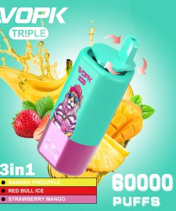 VOPK Triple 60000 60k Puffs 3 in 1 Flavors Rechargeable LED Display Disposable Vape in Banana Pineapple & Red Bull Ice & Strawberry Mango flavor
