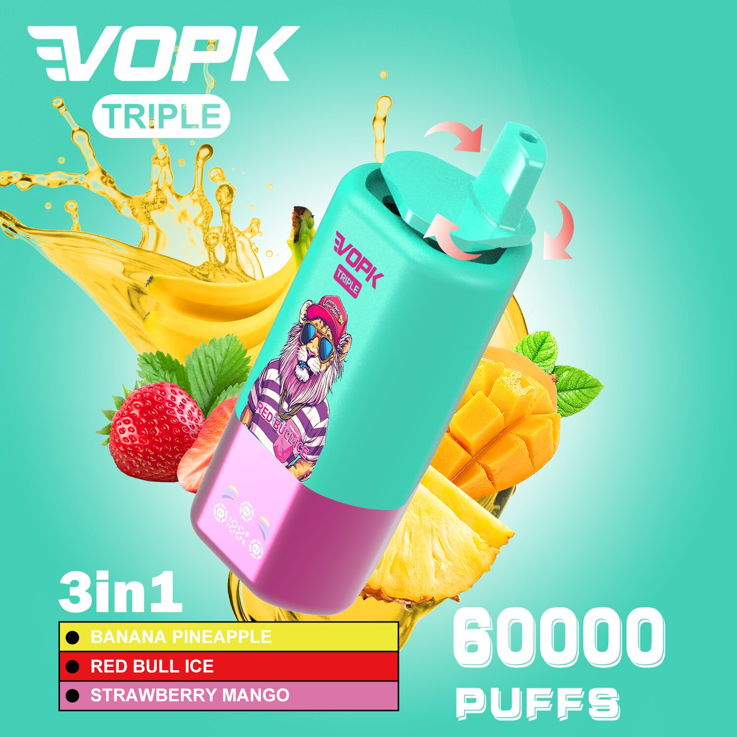 VOPK Triple 60000 60k Puffs 3 in 1 Flavors Rechargeable LED Display Disposable Vape in Banana Pineapple & Red Bull Ice & Strawberry Mango flavor
