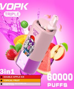 VOPK Triple 60000 60k Puffs 3 in 1 Flavors Rechargeable LED Display Disposable Vape in Double Apple Ice & Tropical Fruit & Strawberry Watermelon Bubblegum