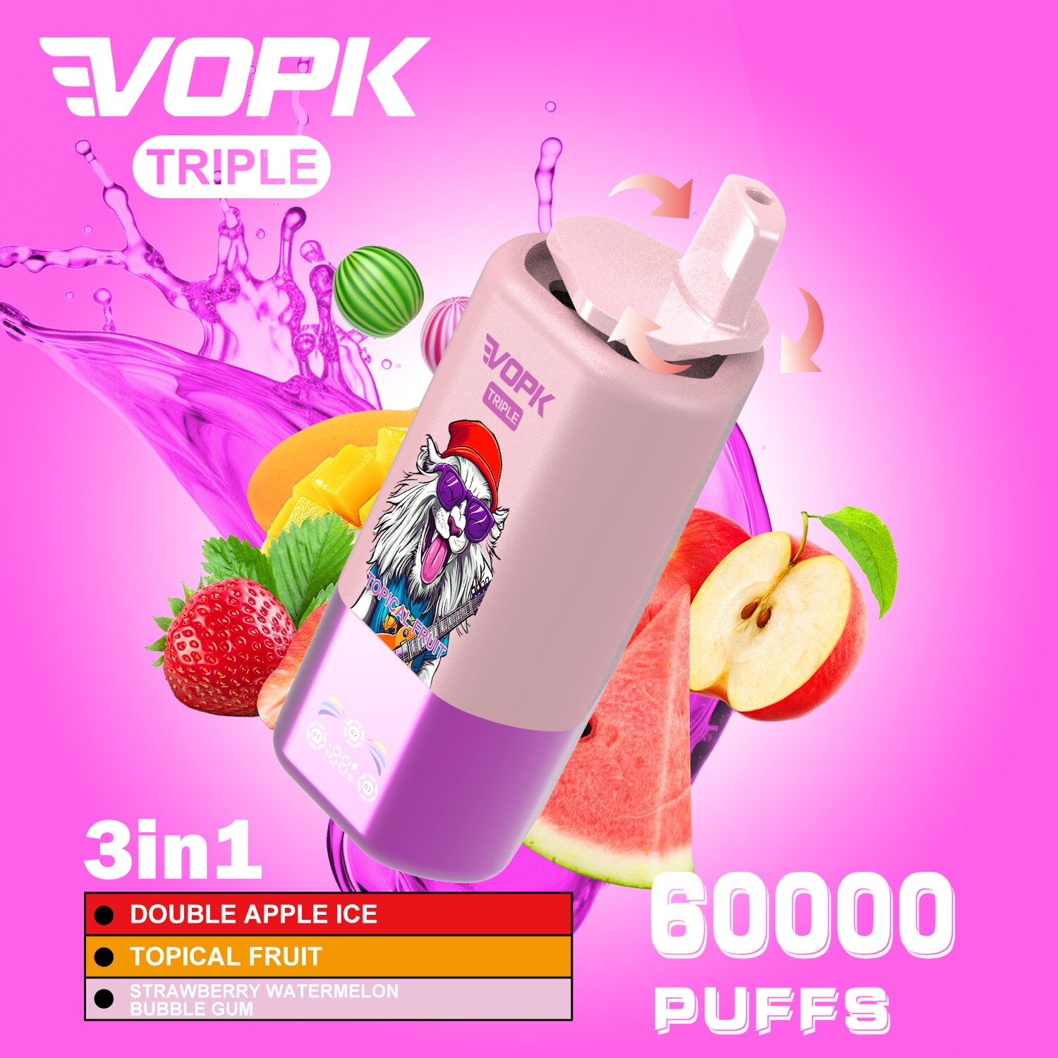 VOPK Triple 60000 60k Puffs 3 in 1 Flavors Rechargeable LED Display Disposable Vape in Double Apple Ice & Tropical Fruit & Strawberry Watermelon Bubblegum