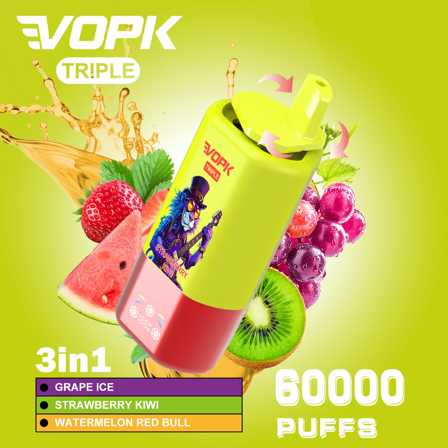 VOPK Triple 60000 60k Puffs 3 in 1 Flavors Rechargeable LED Display Disposable Vape in Grape Ice & Strawberry Kiwi & Watermelon Red Bull flavor