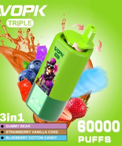 VOPK Triple 60000 60k Puffs 3 in 1 Flavors Rechargeable LED Display Disposable Vape in Gummy Bear & Strawberry Vanilla Coke & Blueberry Cotton Candy flavor