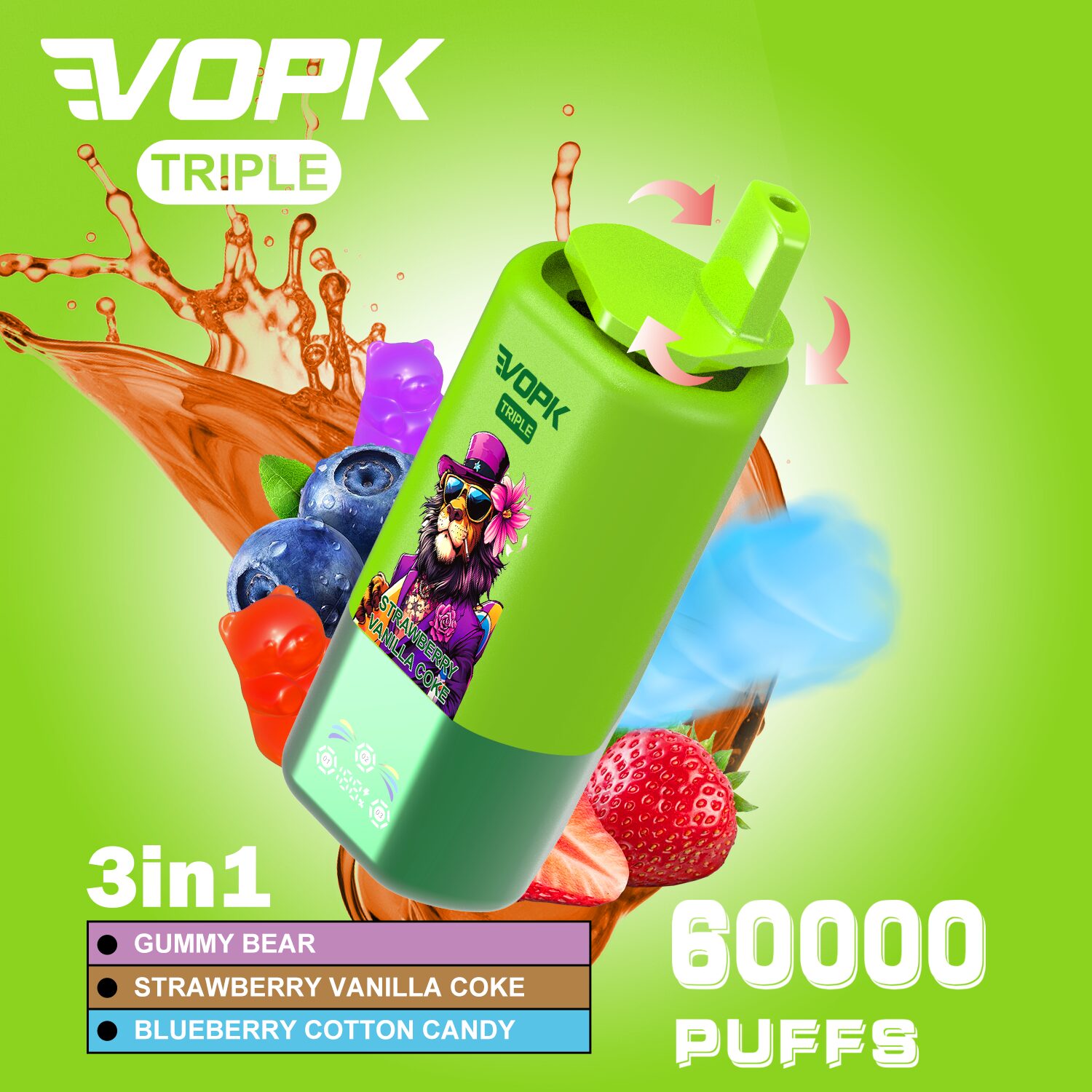 VOPK Triple 60000 60k Puffs 3 in 1 Flavors Rechargeable LED Display Disposable Vape in Gummy Bear & Strawberry Vanilla Coke & Blueberry Cotton Candy flavor