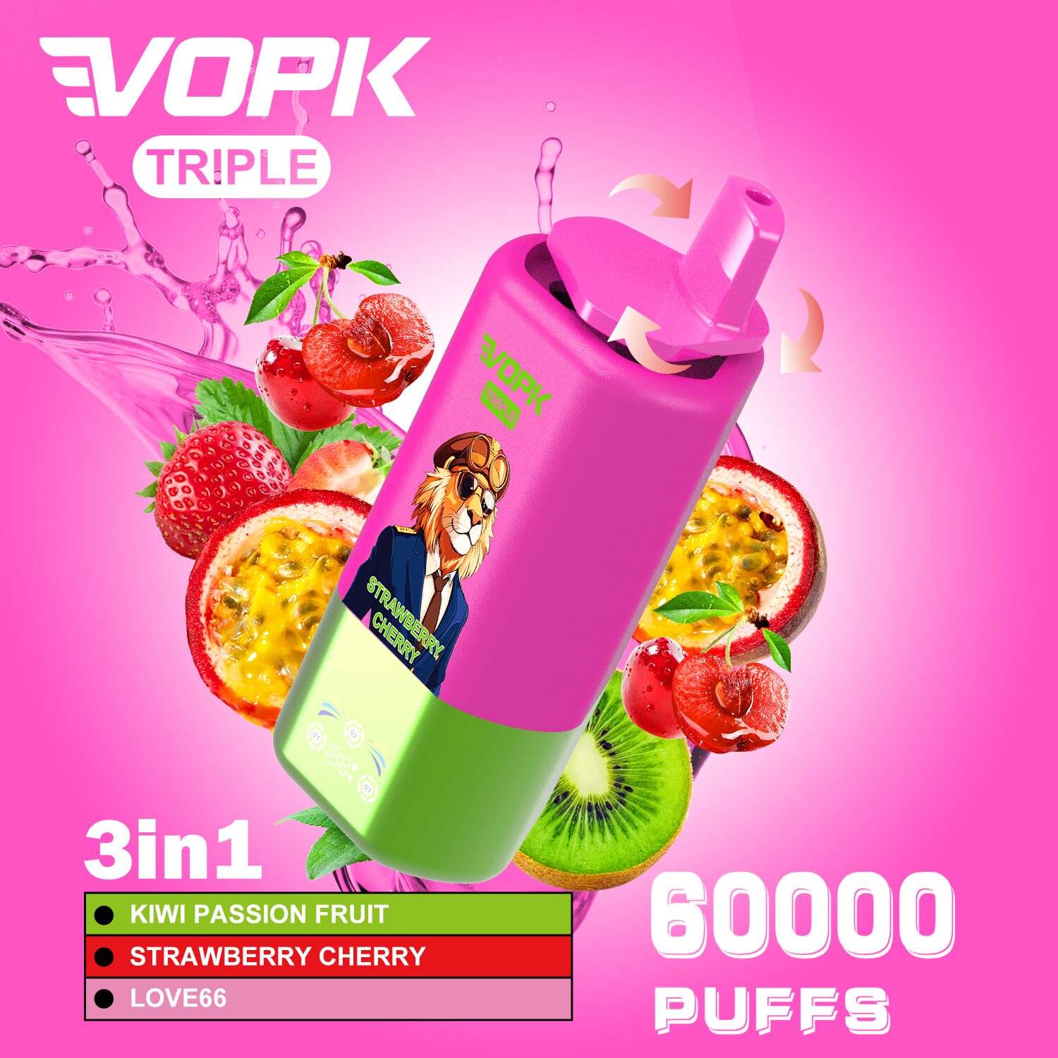 VOPK Triple 60000 60k Puffs 3 in 1 Flavors Rechargeable LED Display Disposable Vape in Kiwi Passion Fruit & Strawberry Cherry & Love 66 flavor