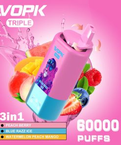 VOPK Triple 60000 60k Puffs 3 in 1 Flavors Rechargeable LED Display Disposable Vape in Peach Berry & Blue Razz Ice & Watermelon Peach Mango flavor