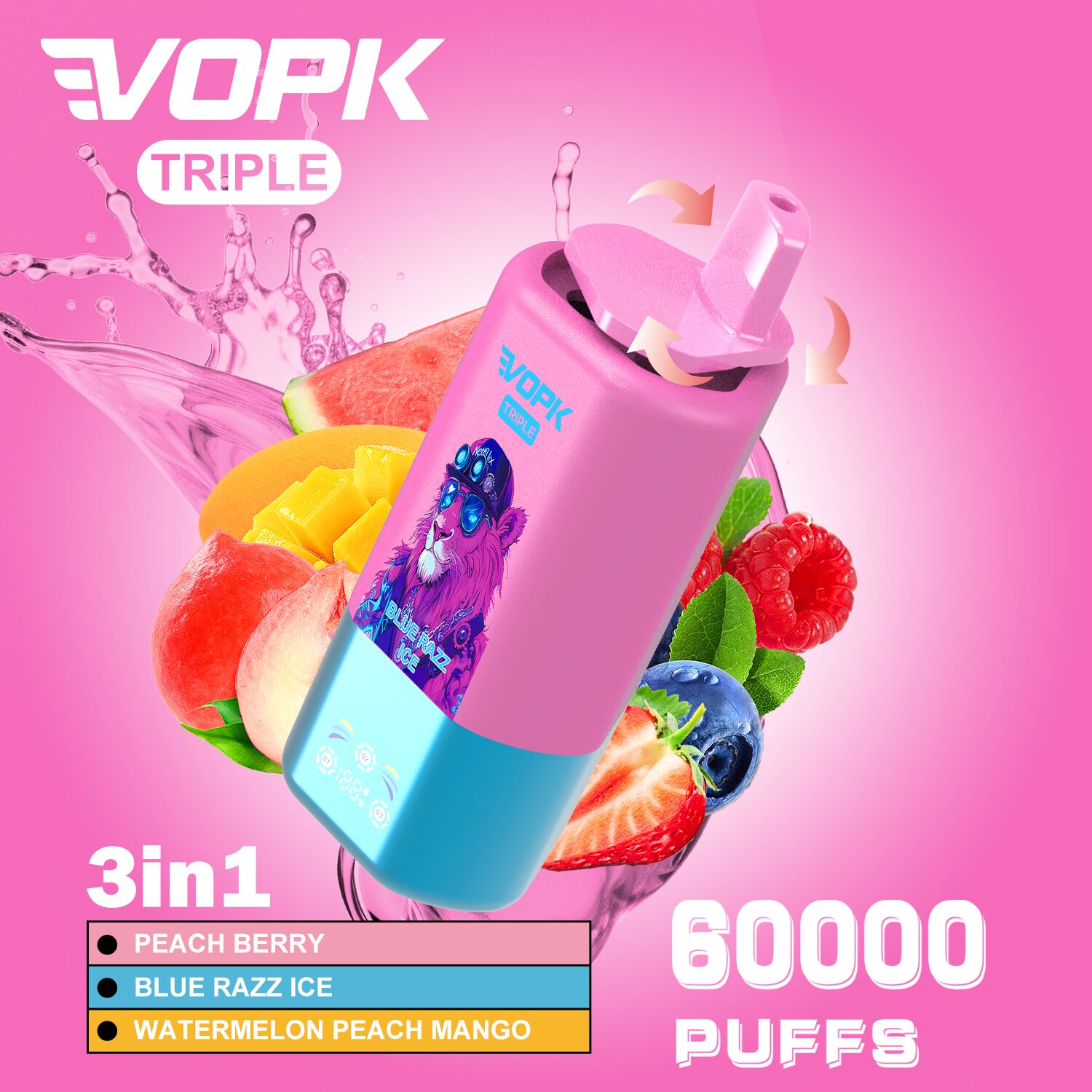 VOPK Triple 60000 60k Puffs 3 in 1 Flavors Rechargeable LED Display Disposable Vape in Peach Berry & Blue Razz Ice & Watermelon Peach Mango flavor