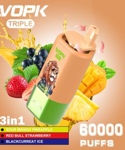 VOPK Triple 60000 60k Puffs 3 in 1 Flavors Rechargeable LED Display Disposable Vape in Sour Mango Pineapple & Red Bull Strawberry & Black Currant Ice