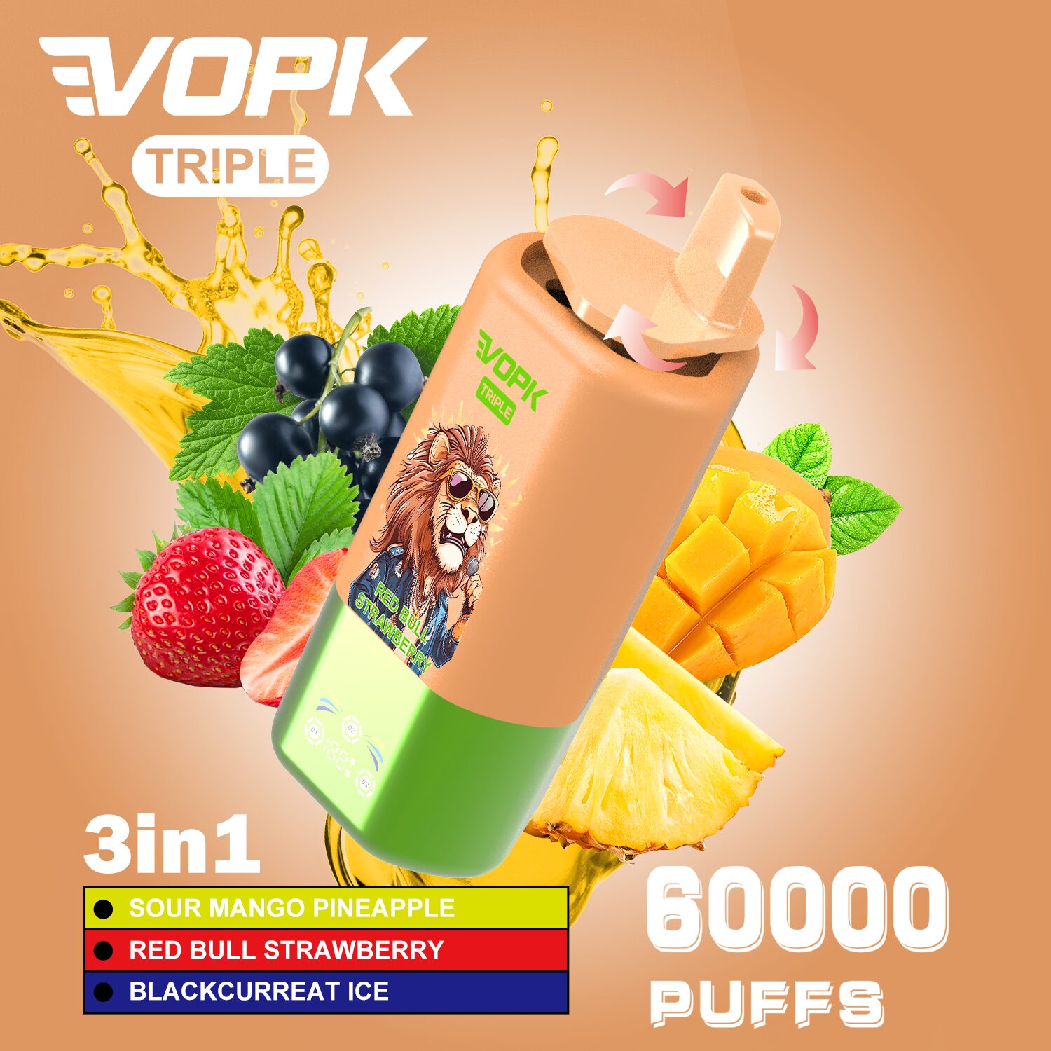 VOPK Triple 60000 60k Puffs 3 in 1 Flavors Rechargeable LED Display Disposable Vape in Sour Mango Pineapple & Red Bull Strawberry & Black Currant Ice