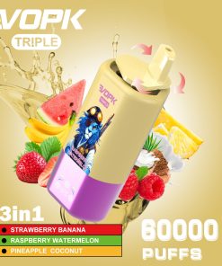 VOPK Triple 60000 60k Puffs 3 in 1 Flavors Rechargeable LED Display Disposable Vape in Strawberry Banana & Raspberry Watermelon & Pineapple Coconut flavor