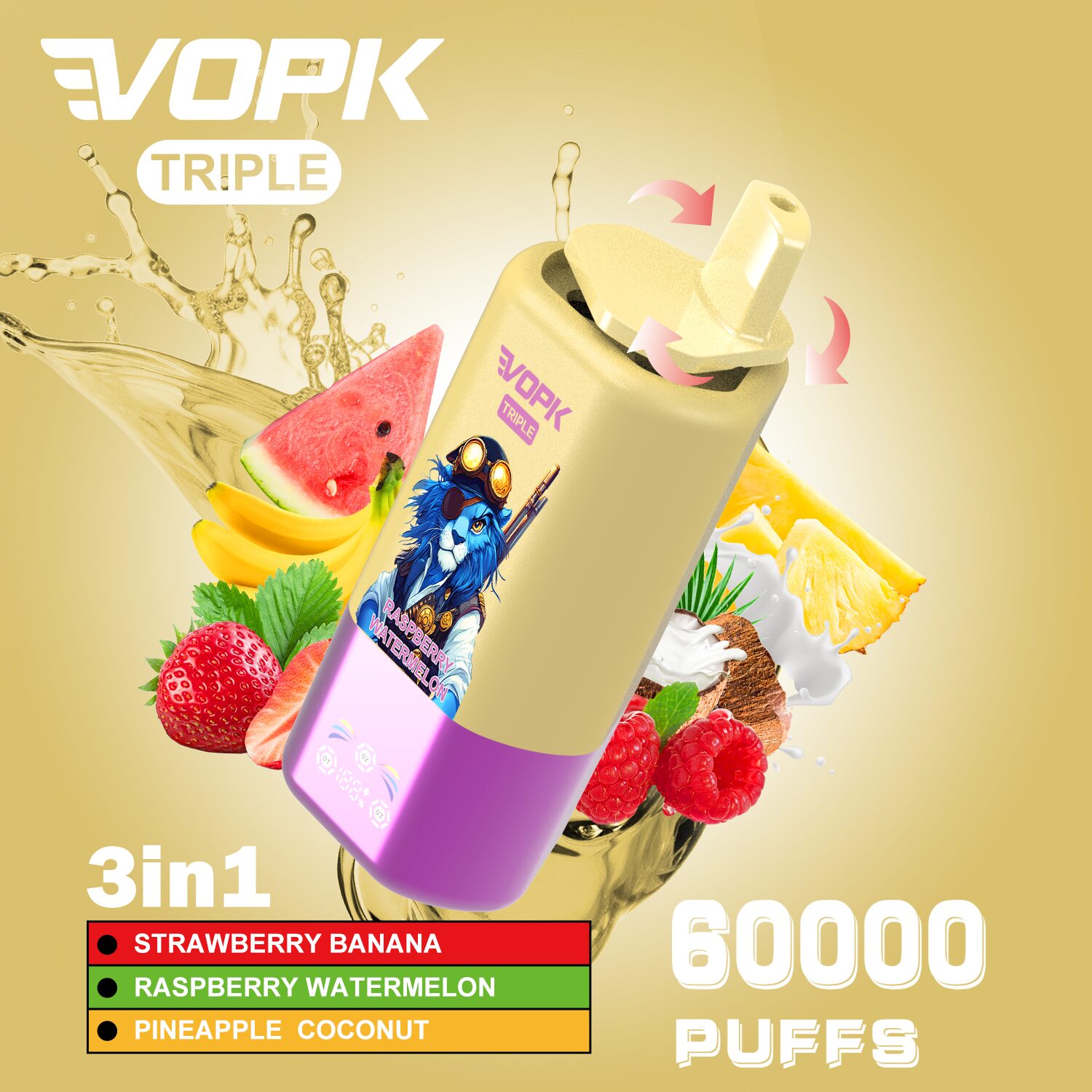 VOPK Triple 60000 60k Puffs 3 in 1 Flavors Rechargeable LED Display Disposable Vape in Strawberry Banana & Raspberry Watermelon & Pineapple Coconut flavor