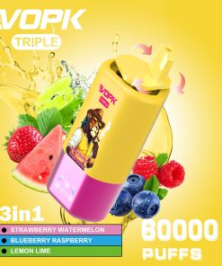 VOPK Triple 60000 60k Puffs 3 in 1 Flavors Rechargeable LED Display Disposable Vape in Strawberry Watermelon & Blueberry Raspberry & Lemon Lime flavor