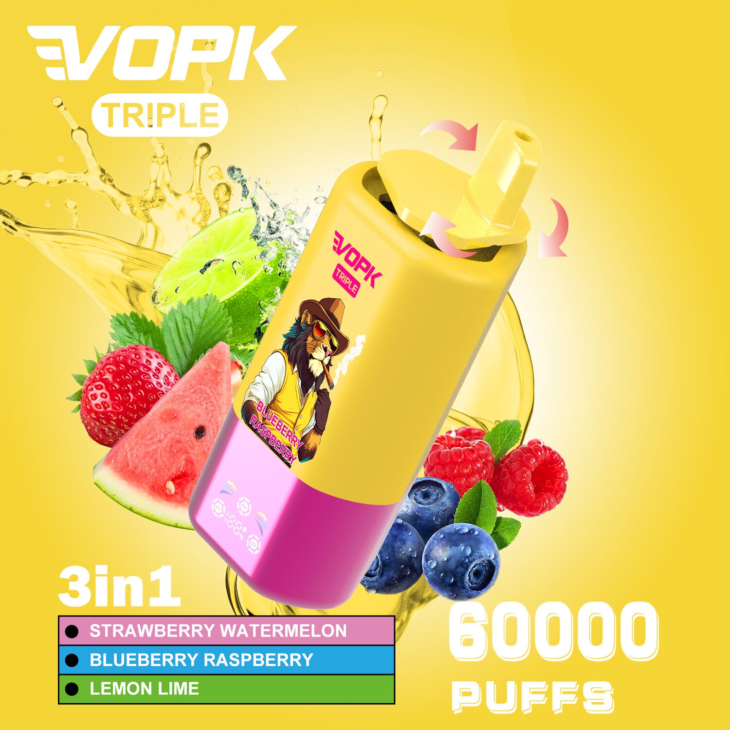 VOPK Triple 60000 60k Puffs 3 in 1 Flavors Rechargeable LED Display Disposable Vape in Strawberry Watermelon & Blueberry Raspberry & Lemon Lime flavor