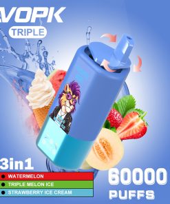 VOPK Triple 60000 60k Puffs 3 in 1 Flavors Rechargeable LED Display Disposable Vape in Watermelon Ice & Triple Melon Ice & Strawberry Ice Cream flavor