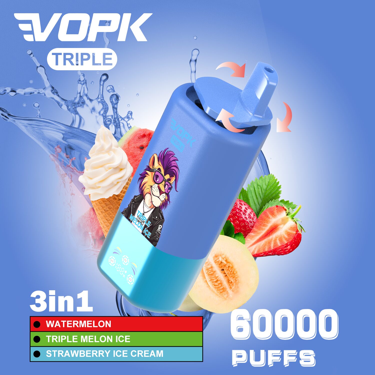 VOPK Triple 60000 60k Puffs 3 in 1 Flavors Rechargeable LED Display Disposable Vape in Watermelon Ice & Triple Melon Ice & Strawberry Ice Cream flavor