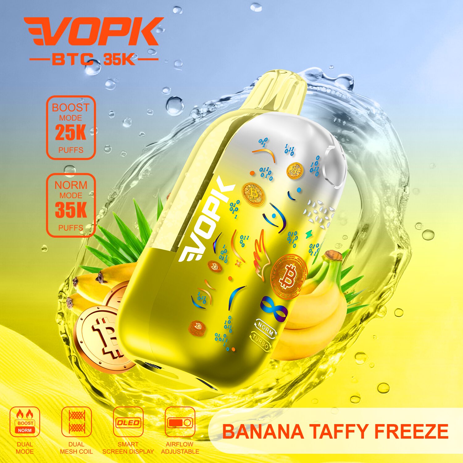 VOPK BTC 35000 35K Puffs Airflow Adjustable & Dual Mode Disposable Vape in Banana Taffy Freeze flavor