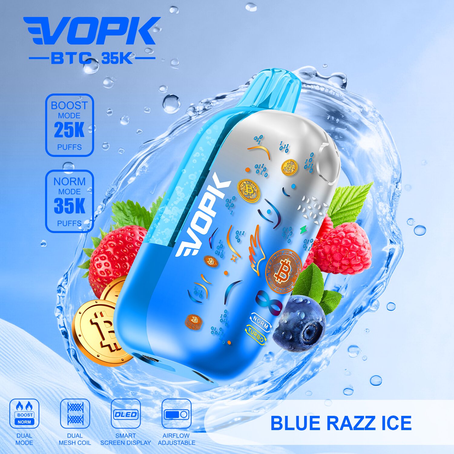 VOPK BTC 35000 35K Puffs Airflow Adjustable & Dual Mode Disposable Vape in Blue Razz Ice flavor