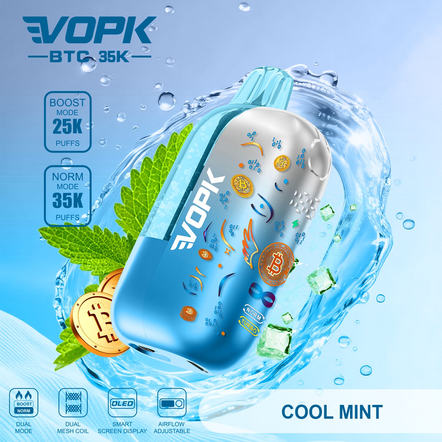 VOPK BTC 35000 35K Puffs Airflow Adjustable & Dual Mode Disposable Vape in Cool Mint flavor