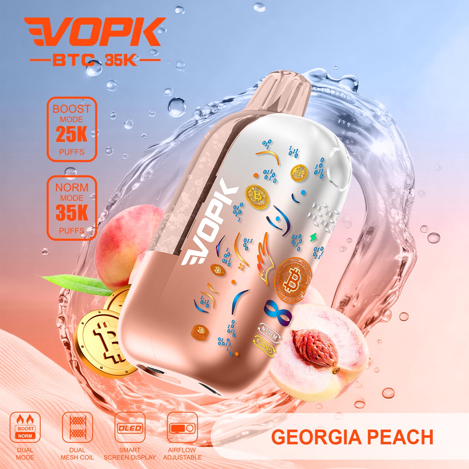 VOPK BTC 35000 35K Puffs Airflow Adjustable & Dual Mode Disposable Vape in Georgia Peach flavor