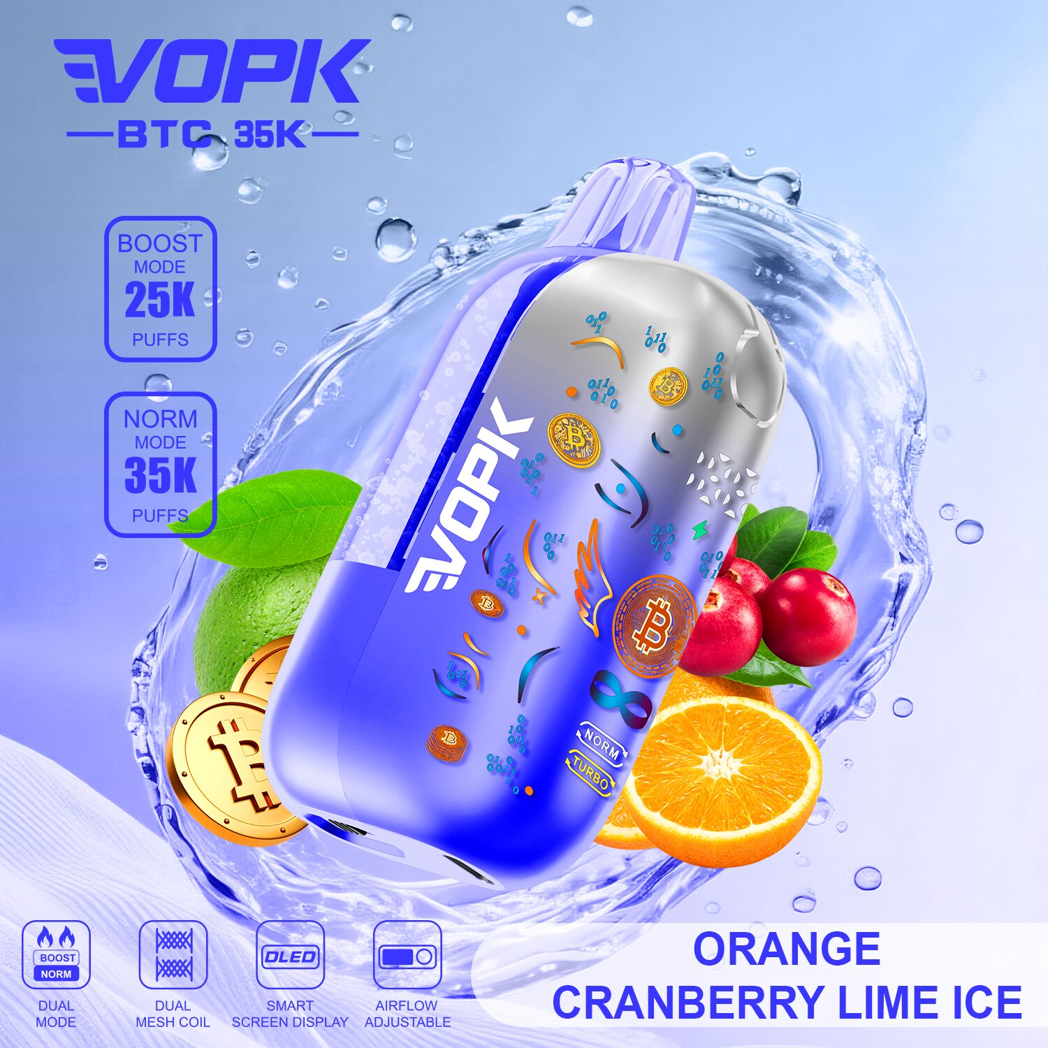 VOPK BTC 35000 35K Puffs Airflow Adjustable & Dual Mode Disposable Vape in Orange Cranberry Lime Ice flavor