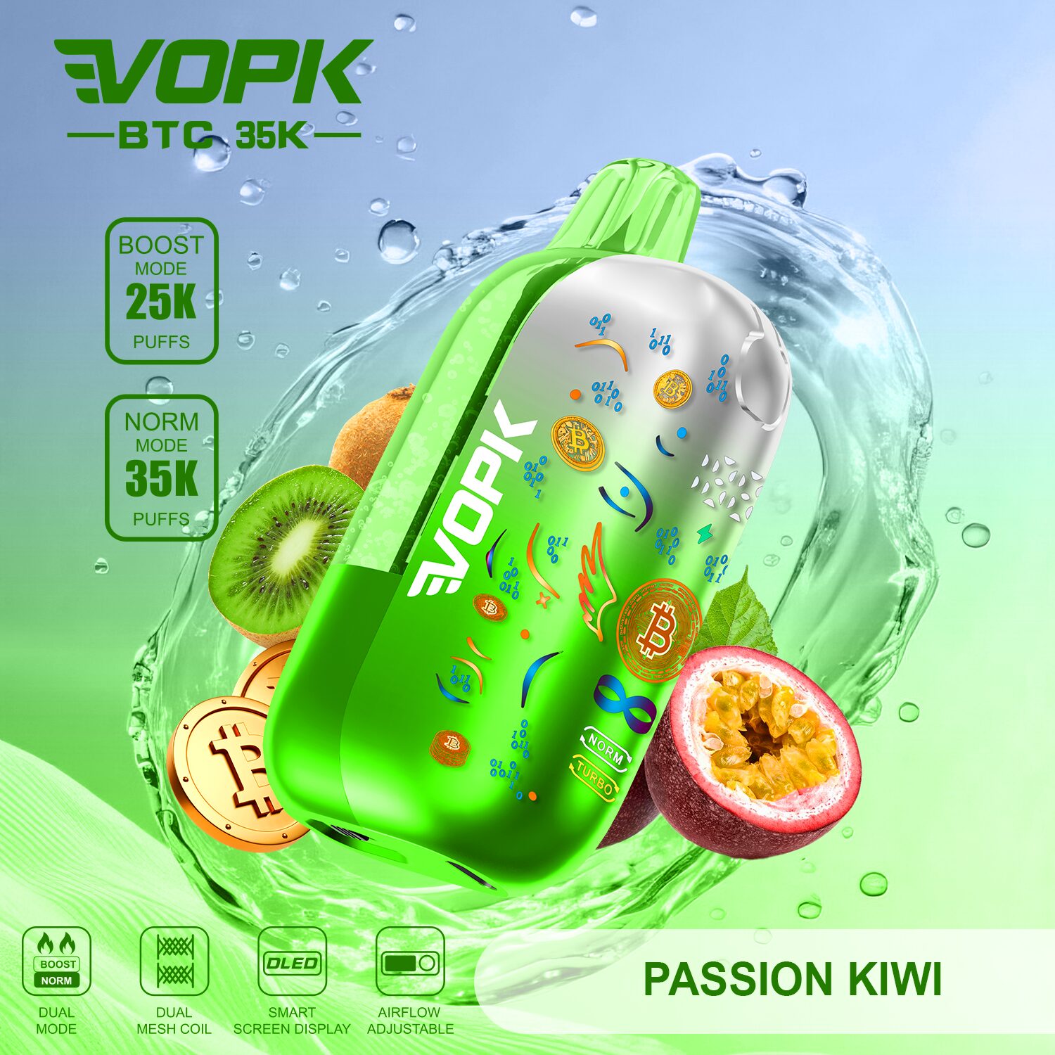 VOPK BTC 35000 35K Puffs Airflow Adjustable & Dual Mode Disposable Vape in Passion Kiwi flavor