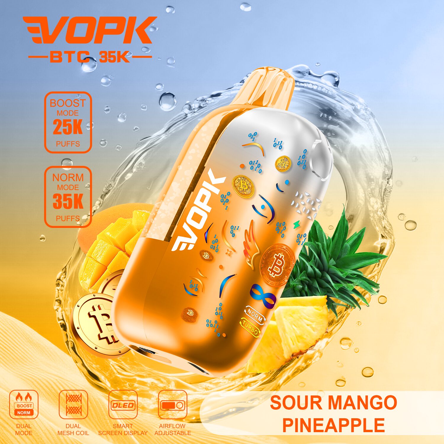VOPK BTC 35000 35K Puffs Airflow Adjustable & Dual Mode Disposable Vape in Sour Mango Pineapple flavor