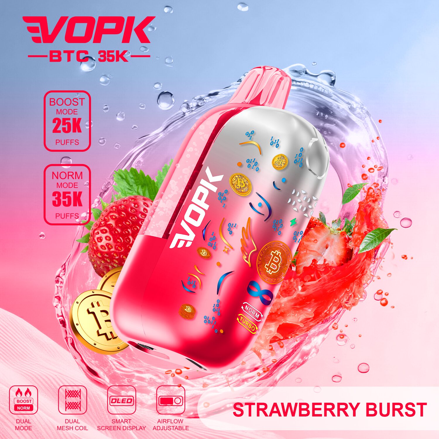 VOPK BTC 35000 35K Puffs Airflow Adjustable & Dual Mode Disposable Vape in Strawberry Burst flavor