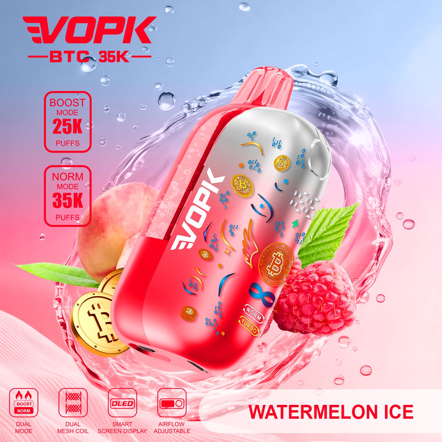 VOPK BTC 35000 35K Puffs Airflow Adjustable & Dual Mode Disposable Vape in Watermelon Ice flavor