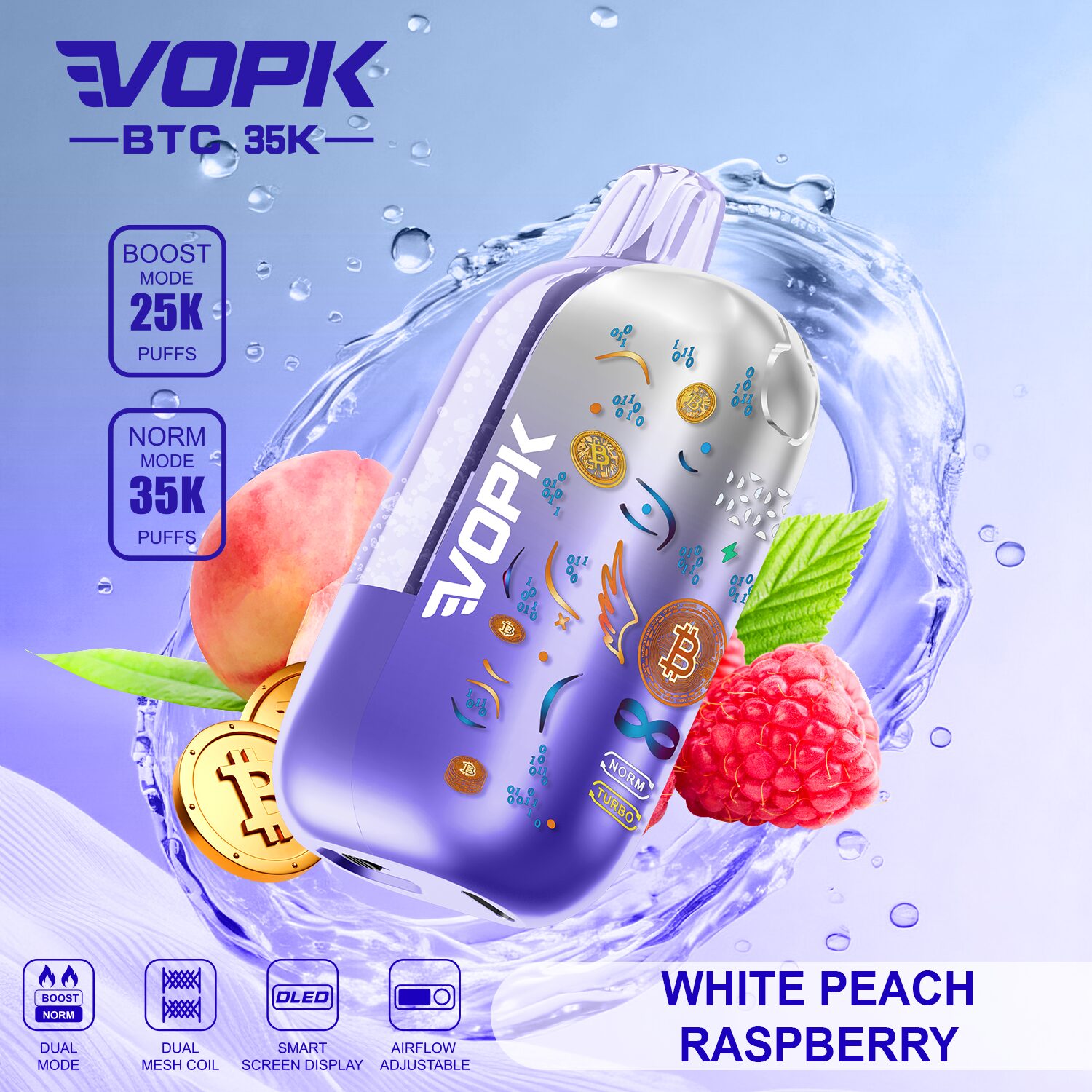 VOPK BTC 35000 35K Puffs Airflow Adjustable & Dual Mode Disposable Vape in White Peach Raspberry flavor