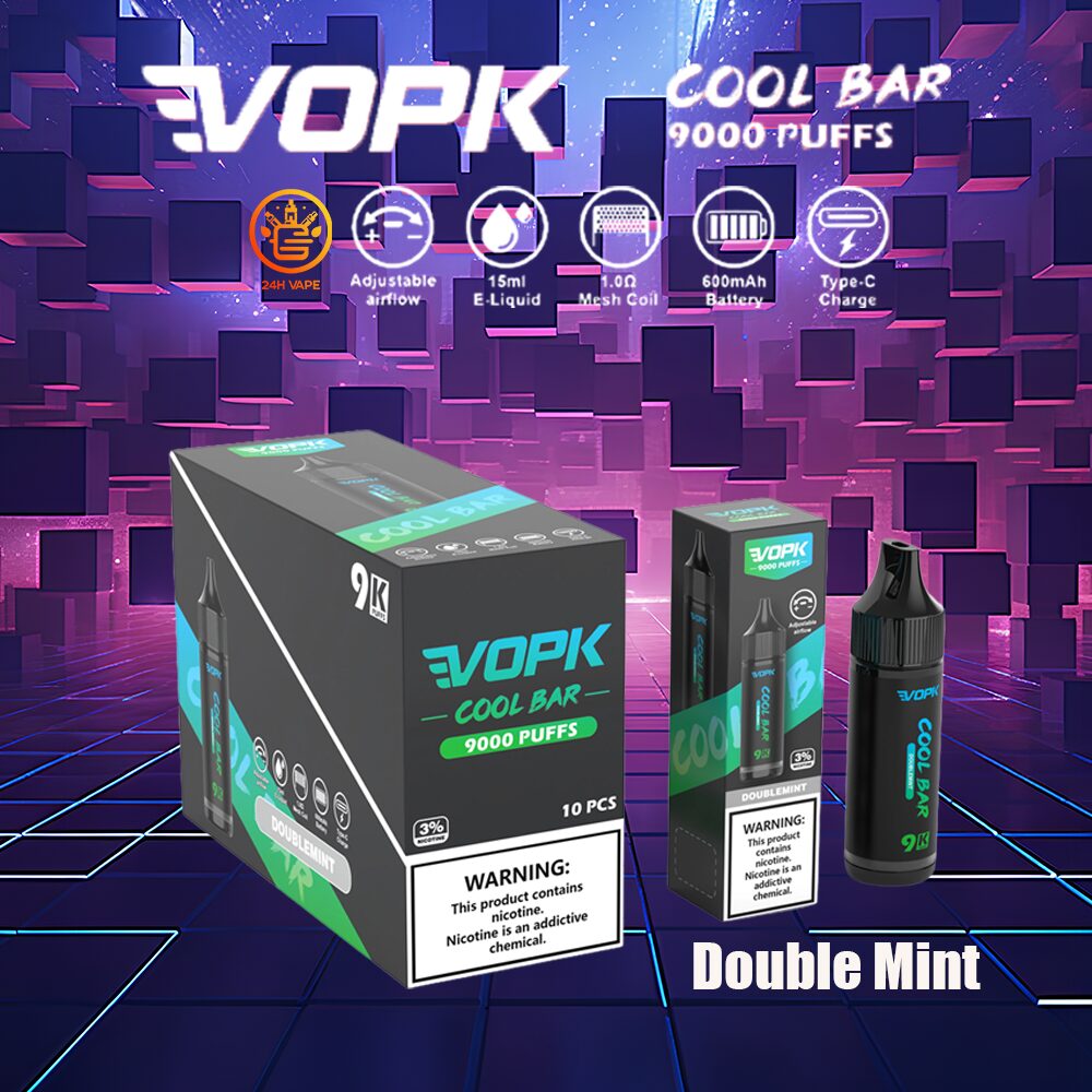 VOPK Cool Bar 9000 9k Puffs 0% 2% 3% 5% Nicotine Disposable in Double Mint flavor
