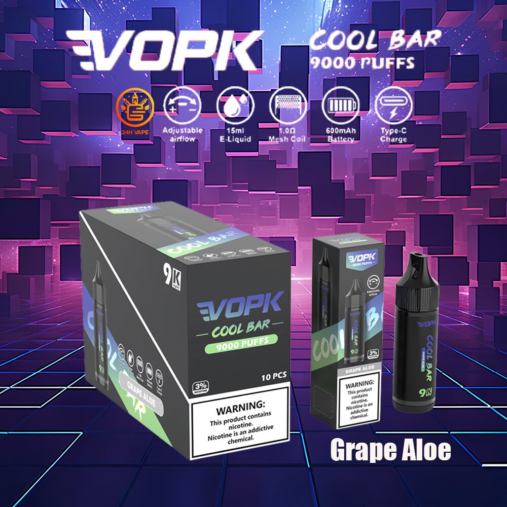 VOPK Cool Bar 9000 9k Puffs 0% 2% 3% 5% Nicotine Disposable in Grape Aloe flavor