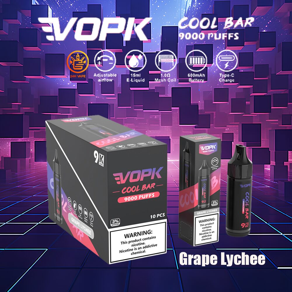 VOPK Cool Bar 9000 9k Puffs 0% 2% 3% 5% Nicotine Disposable in Grape Lychee flavor