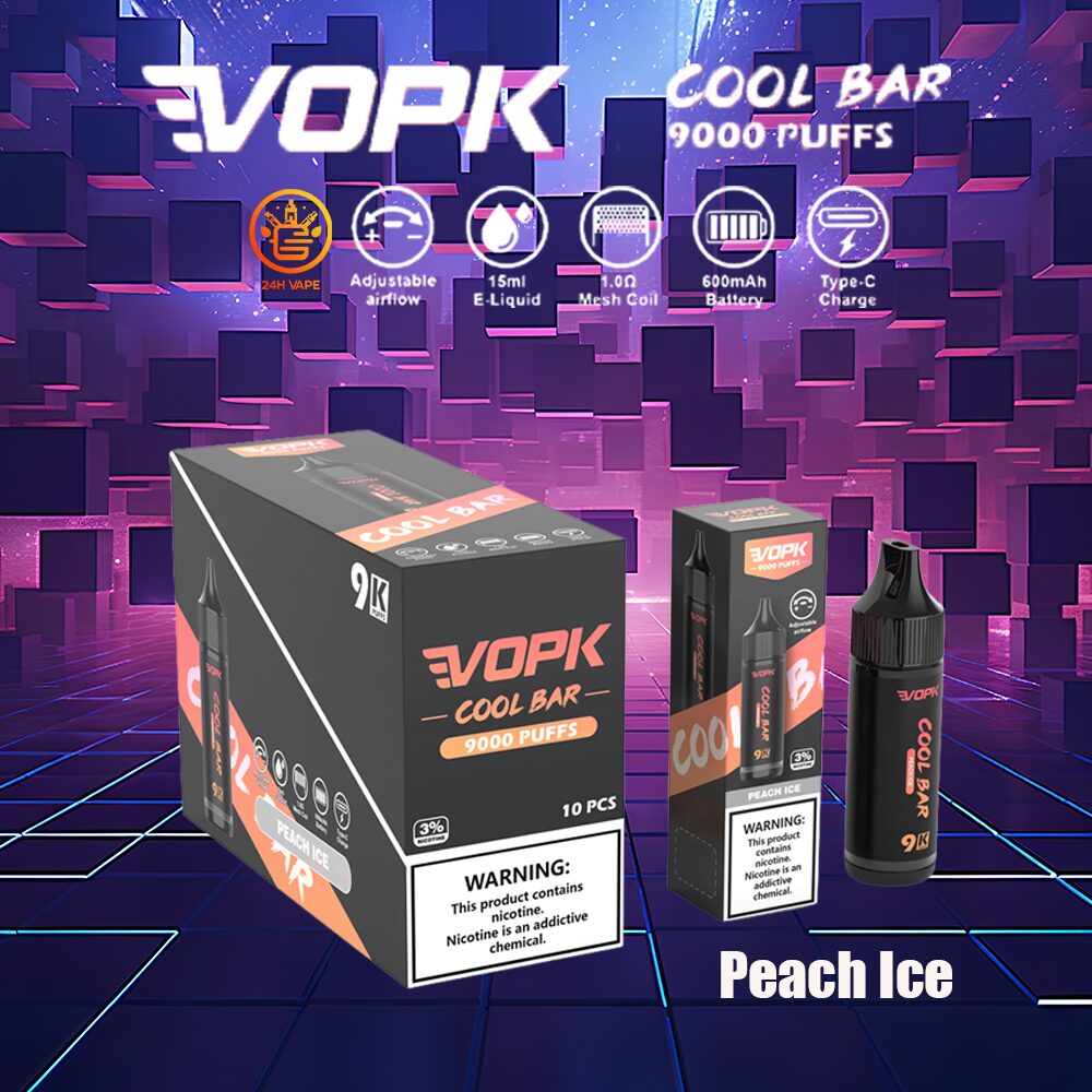 VOPK Cool Bar 9000 9k Puffs 0% 2% 3% 5% Nicotine Disposable in Peach Ice flavor