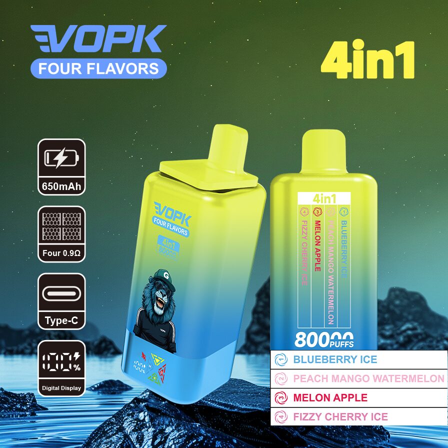 Vopk Four Flavors 80000 80K Puffs 4 in 1 Flavors Rechargeable LCD Display Disposable Vape in Blueberry Ice / Peach Mango Watermelon / Melon Apple / Fizzy