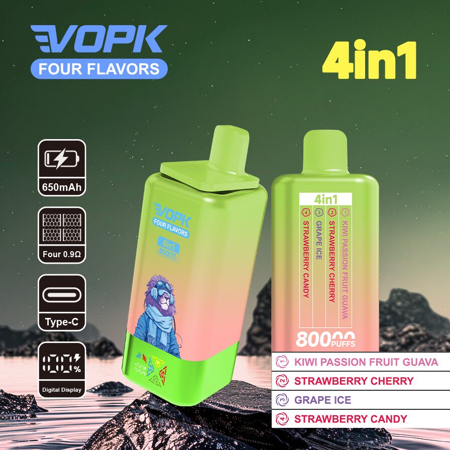 Vopk Four Flavors 80000 80K Puffs 4 in 1 Flavors Rechargeable LCD Display Disposable Vape in Kiwi Passion Fruit Guava / Strawberry Cherry / Grape Ice /