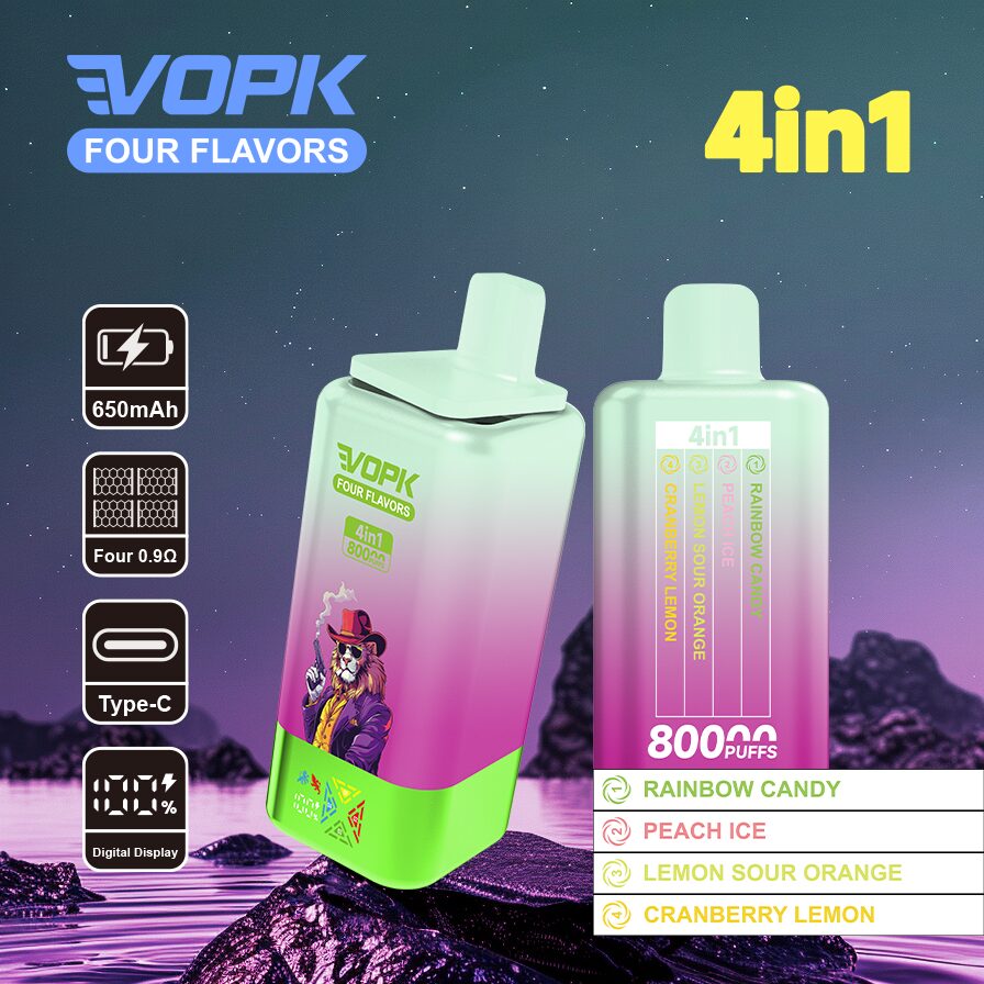 Vopk Four Flavors 80000 80K Puffs 4 in 1 Flavors Rechargeable LCD Display Disposable Vape in Rainbow Candy / Peach Ice / Lemon Sour Orange / Cranberry