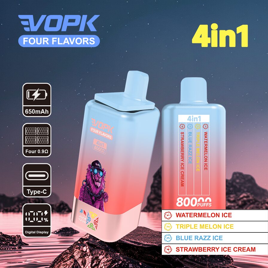 Vopk Four Flavors 80000 80K Puffs 4 in 1 Flavors Rechargeable LCD Display Disposable Vape in Watermelon Ice / Triple Melon Ice / Blue Razz Ice /