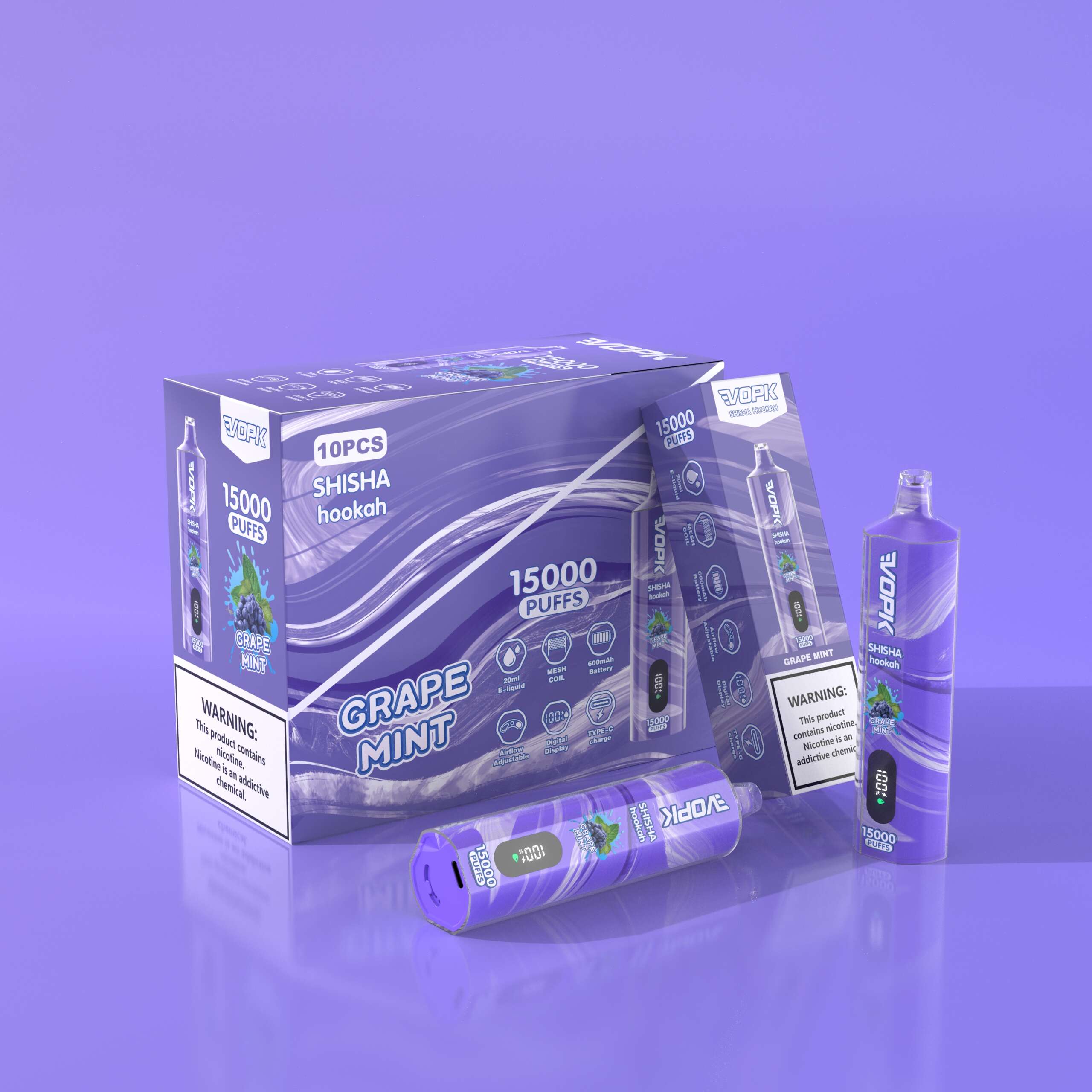 VOPK Shisha Hookah 15000 15K Puffs Edition DTL Disposable in 3. Grape Mint flavor
