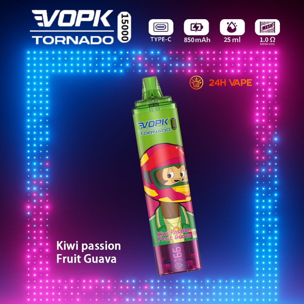 VOPK Tornado 15000 15K Puffs LED Display Disposable in Kiwi Passion Fruit Guava flavor