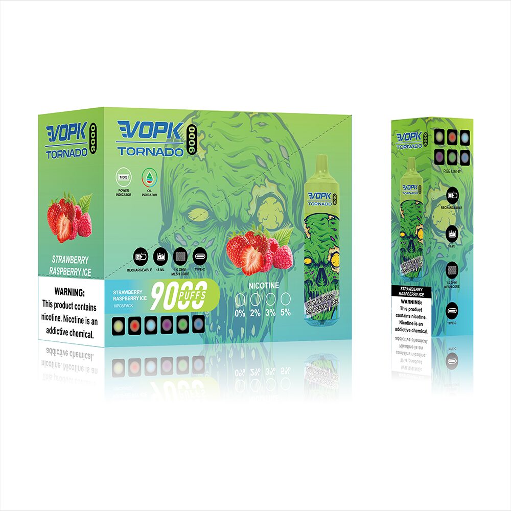 VOPK Tornado 9000 Puffs Disposable in 6. Strawberry Raspberry Ice flavor