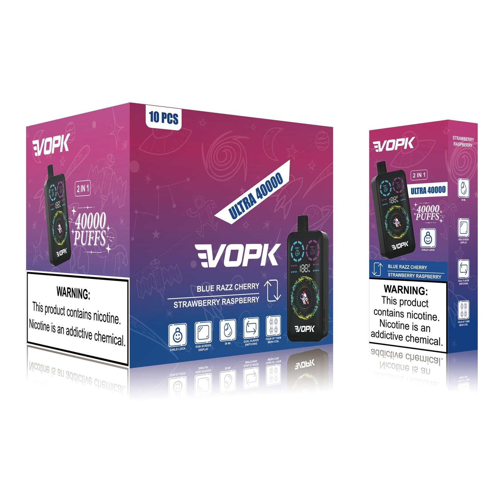 VOPK ULTRA 40000 40K Puffs Double Taste RGD Screen Display Disposable Vape in Blue Razz Cherry / Strawberry Raspberry flavor