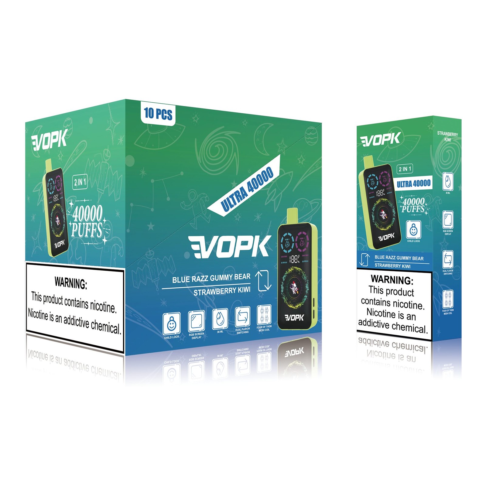VOPK ULTRA 40000 40K Puffs Double Taste RGD Screen Display Disposable Vape in Blue Razz Gummy Bear / Strawberry Kiwi flavor