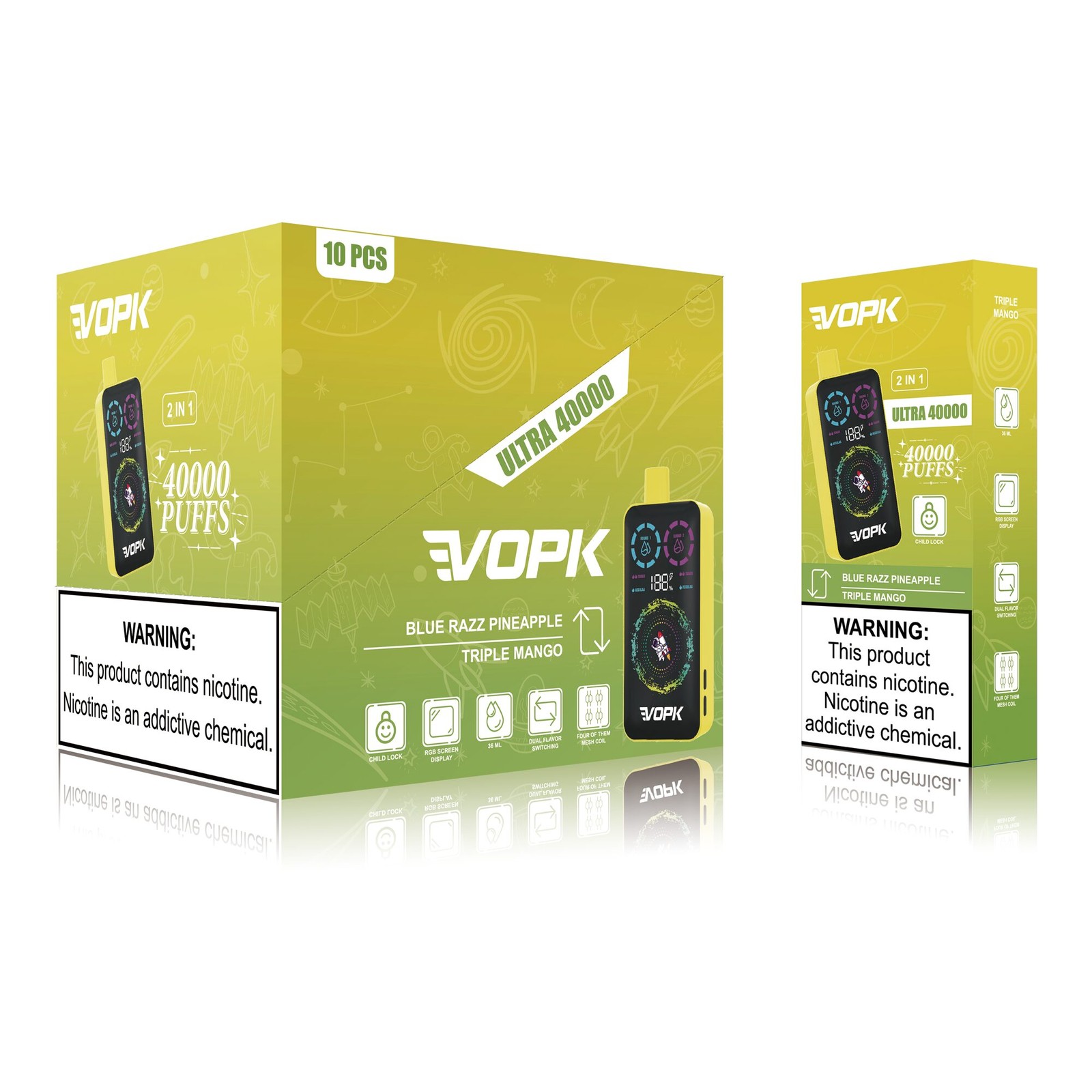 VOPK ULTRA 40000 40K Puffs Double Taste RGD Screen Display Disposable Vape in Blue Razz Pineapple / Triple Mango flavor