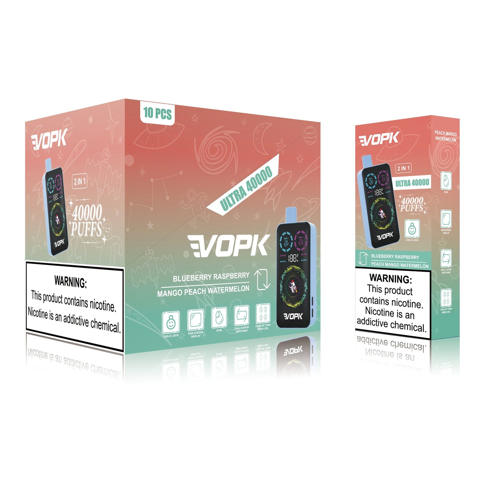 VOPK ULTRA 40000 40K Puffs Double Taste RGD Screen Display Disposable Vape in Blueberry Raspberry / Mango Peach Watermelon flavor