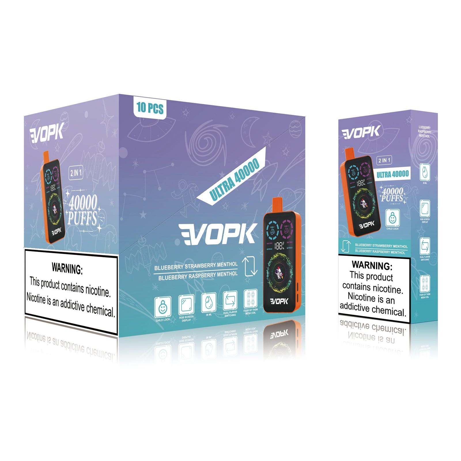 VOPK ULTRA 40000 40K Puffs Double Taste RGD Screen Display Disposable Vape in Blueberry Strawberry Menthol / Blueberry Raspberry Menthol flavor