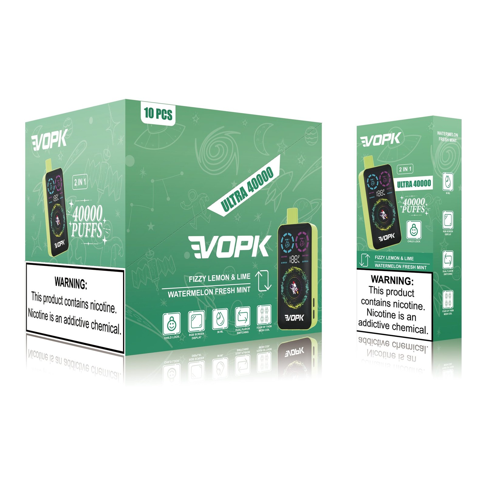 VOPK ULTRA 40000 40K Puffs Double Taste RGD Screen Display Disposable Vape in Fizzy Lemon & Lime / Watermelon Fresh Mint flavor